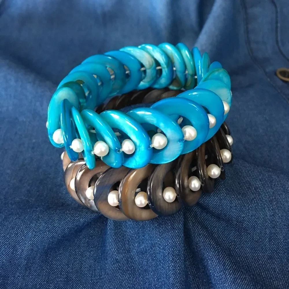 Turquoise Black Brown Shell Pearl stretch‎ Bracelet